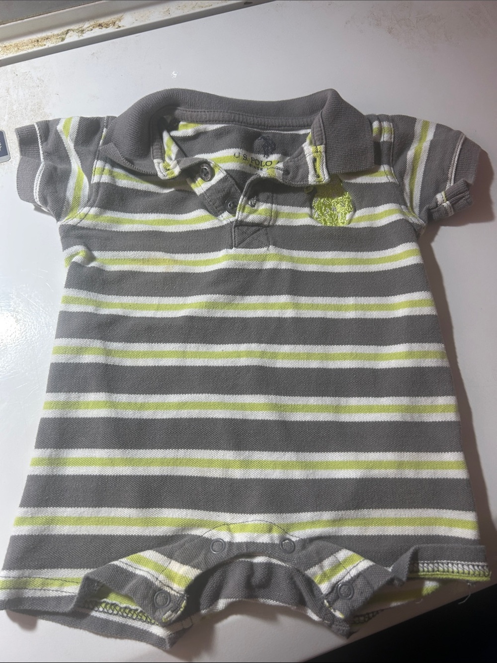 U.S. Polo Assn. Gray, White & Lime Striped Polo One-Piece Bodysuit